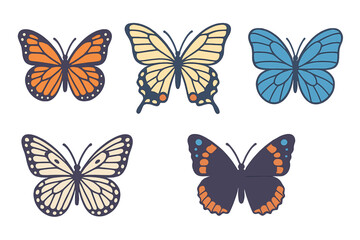 Five stylized colorful butterfly icons in modern flat design style