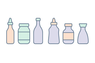 Set of six assorted food and beverage containers icons in pastel colors