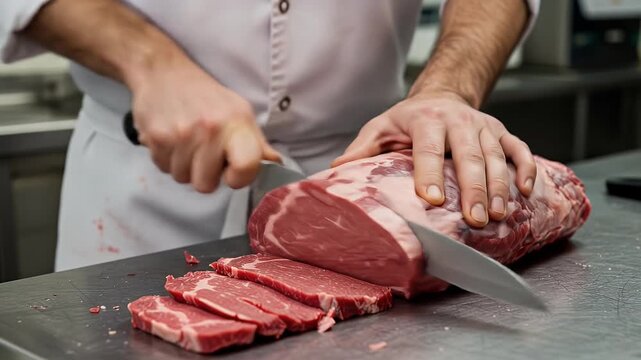 Professional Chef Slicing Raw Beef Roas On Metal Countertop Close Up
