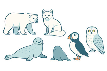 Cute arctic and polar wildlife animals in simple stylized design