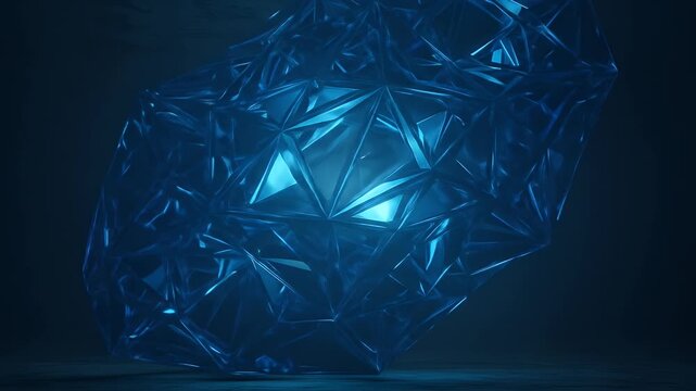 Abstract Blue Geometric 3D Crystal Form Floating In Dark Background