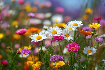 Obraz premium Blooming meadow filled with vibrant flowers, featuring prominent daisies and a soft-focus background exuding freshness and natural beauty in springtime