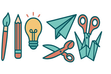 Set of colorful icons for art, craft, and creative ideas with lightbulb and paper plane