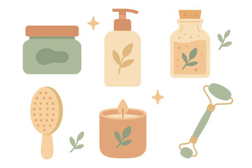 Natural beauty and spa treatment accessories collection with soft colors