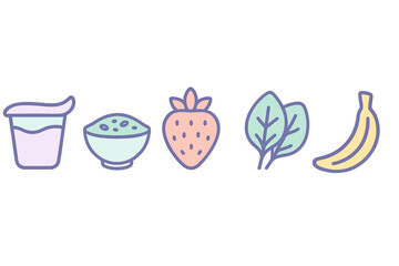 Set of icons for smoothie ingredients: yogurt, strawberry, spinach, and banana