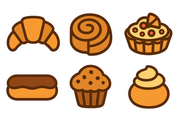 Collection of sweet baked goods icons featuring croissant, cinnamon roll, and muffin