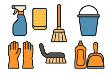 Colorful icons representing various household cleaning supplies and chore tools