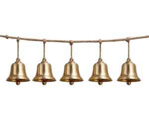 Festive Christmas bell garland hanging from rope. charming gold holiday decoration element creating joyful, traditional feeling for winter celebration design