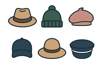 Set of six different headwear icons including fedora, beanie, and caps