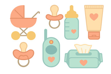 Pastel colored icons for baby care and infant feeding essentials