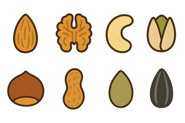 Set of edible nuts and seeds icons in simple flat style