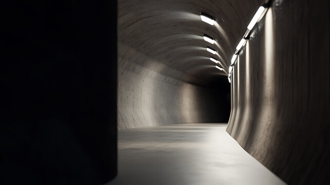 Diminishing perspective of a concrete tunnel illuminated by a row of lights along its curving wall leading into darkness. Shadows and light contrast.