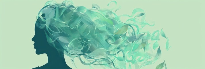 Serenity and calm: beautiful women's silhouette with flowing abstract hair for stress awareness day. Horizontal banner. Copy space. Flat illustration. World Brain Day. Mental Health Day