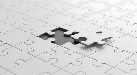 A single white jigsaw puzzle piece rests partially detached from a completed puzzle highlighting a missing element and the concept of incompleteness or a solution