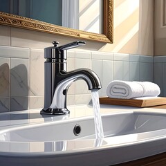 Bathroom faucet with flowing water