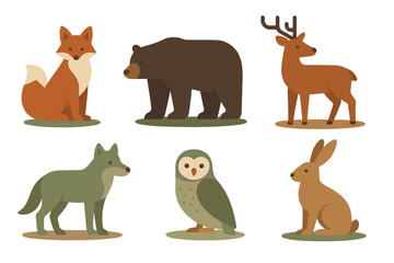 Stylized collection of six wild forest animals: fox, bear, deer, wolf, owl, and hare