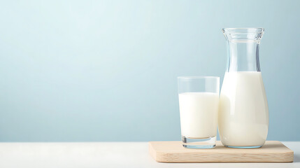 Milk in glass and carafe stands out with its clean, minimalist style. It features a refreshing drink against a serene backdrop, perfect for any kitchen space.