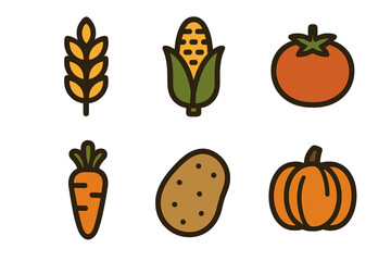 Simple food icons showing wheat, corn, tomato, carrot, potato, and pumpkin