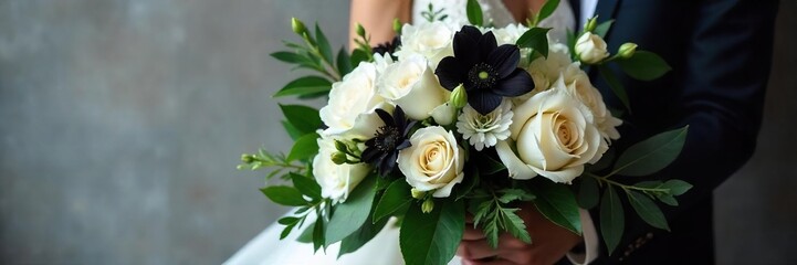Obraz premium Modern Black and White Bridal Bouquet Elegant Tuxedo-Inspired Floral Arrangement for Unconventional Weddings