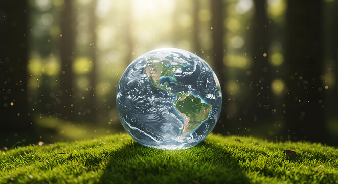 digital earth globe on green forest grass with sunlight and glowing particles