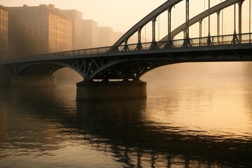 Naklejka premium An ancient iron bridge stretches gracefully across a calm river, bathed in the soft glow of a misty city morning, its reflections shimmering on the water