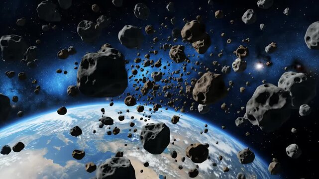 Realistic 3D Asteroid Field Background Surrounding Earth with Stars