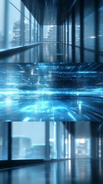 Futuristic corridor with glass walls and glowing blue neon lights, reflecting a high tech digital environment. Dynamic motion blur and cityscape outside enhance the sci fi atmosphere