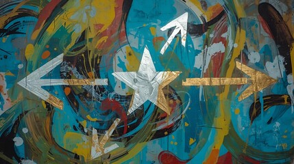 Naklejka premium Abstract painting featuring arrows and a star on a colorful textured background art expression