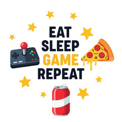 Vector art of eat sleep game repeat saying with controller, pizza, soda