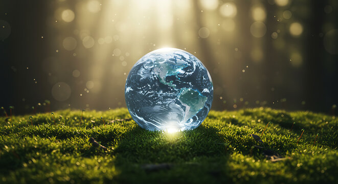 digital earth globe on green forest grass with sunlight and glowing particles