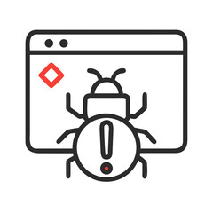 Illustration of a bug icon with an exclamation mark on a computer screen, digital error concept
