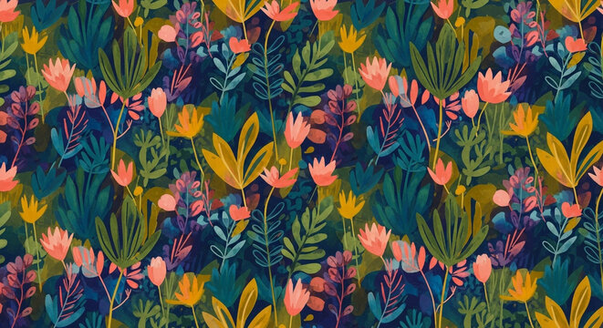 Seamless pattern with abstract flowers and leaves in dark colors watercolor botanical illustration for textile, wallpaper, wrapping paper, and surface design - Powered by Adobe