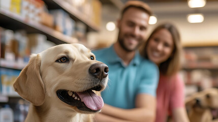 Dog days with loved ones! A happy golden lab enjoys a trip to the store with its humans. Quality time and happy smiles all around.