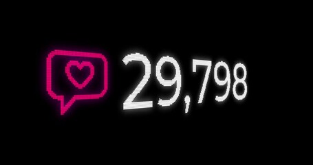 Animated design of a fast numerical countdown with a pink glitter heart comment icon on a black background