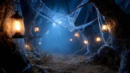 Eerie Forest Path Illuminated by Lanterns and Cobwebs at Night