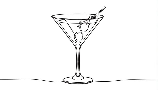 Single-line drawing of a martini glass with olives - Powered by Adobe