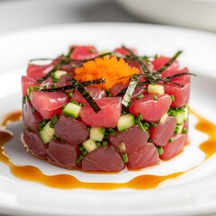 Exquisite Tuna Tartare Tower with Avocado and Tobiko Roe.