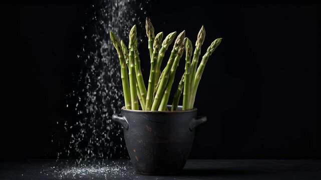 Realistic Asparagus Bunch in Black Pot Macro Studio Lighting Black Background