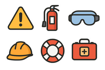 Collection of safety and emergency equipment icons featuring warning sign and first aid kit