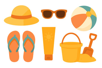 Colorful summer beach vacation accessories and toys assortment