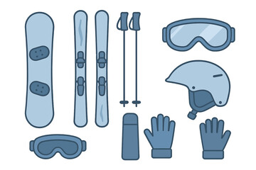Set of essential winter sports gear icons for skiing and snowboarding activities