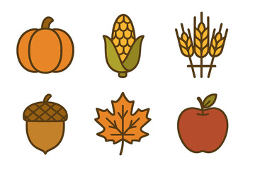 Colorful icons set featuring harvest elements like pumpkin, corn, wheat, acorn, leaf, and apple