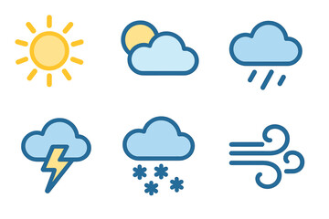 Six stylized weather condition icons: sun, clouds, rain, snow, and wind