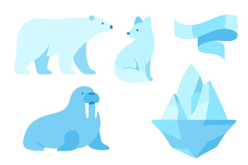Stylized Arctic animals set featuring polar bear, arctic fox, walrus, and iceberg elements