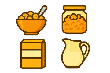 Cereal bowl, jar of preserves, milk carton, and creamer pitcher for morning breakfast meal