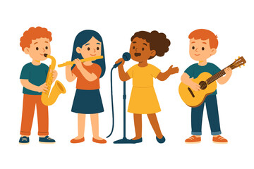 Diverse group of young children playing musical instruments together in a band performance