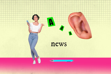 3d poster image full pop art collage of happy girl guy stand ear body element aaa propaganda influence pen supply journalism