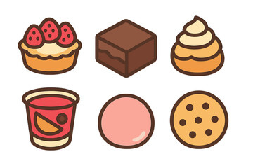 Cute collection of dessert and sweet food icons including tart, brownie, cookie, and whipped cream