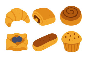 Sweet bakery assortment including croissant, eclair, muffin, and cinnamon roll