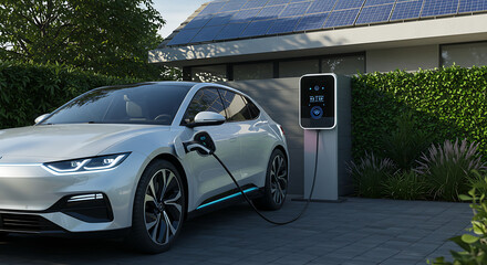 electric vehicle charging at solar-powered home with modern driveway and green landscaping